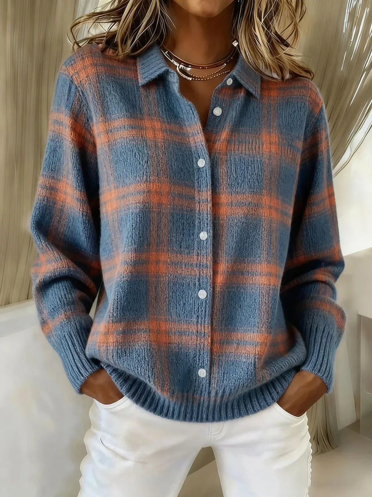 Gebreid Vest met Ruitprint - Blauw en Oranje