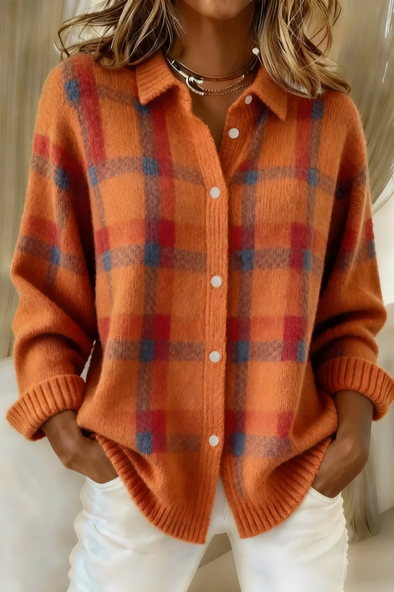 Gebreid Vest met Ruitprint - Oranje
