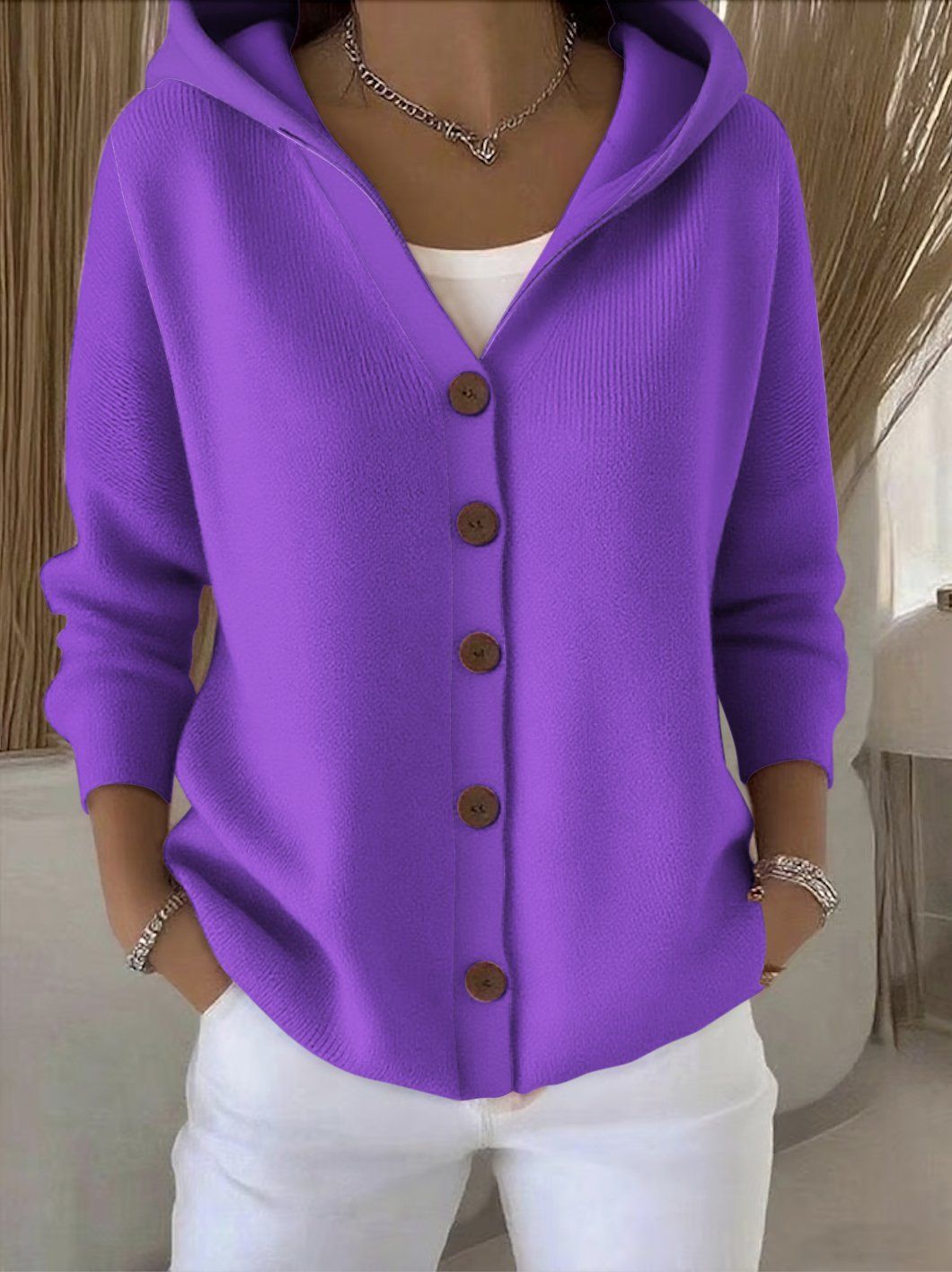 Gebreid Vest met Capuchon - Paars