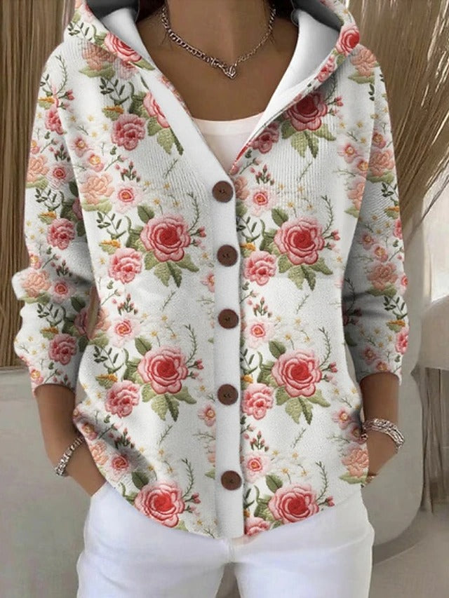Gebreid Vest met Print en Capuchon - Roze