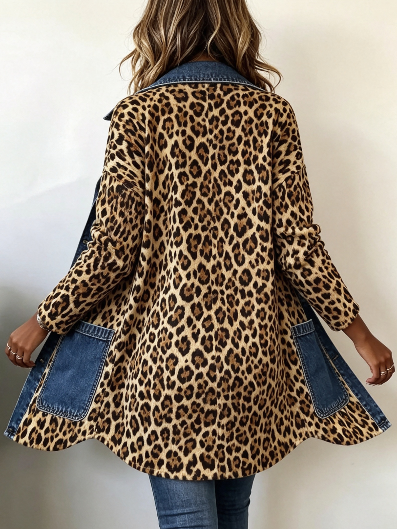 Lange Luipaardprint Jas met Denim Details