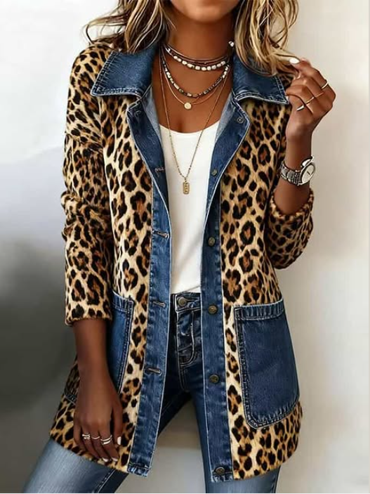 Lange Luipaardprint Jas met Denim Details