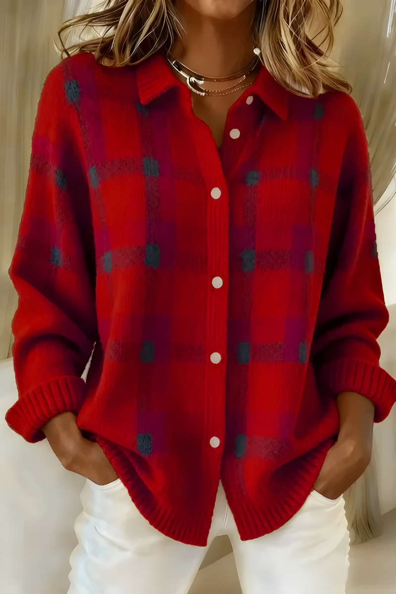 Gebreid Vest met Ruitprint - Rood
