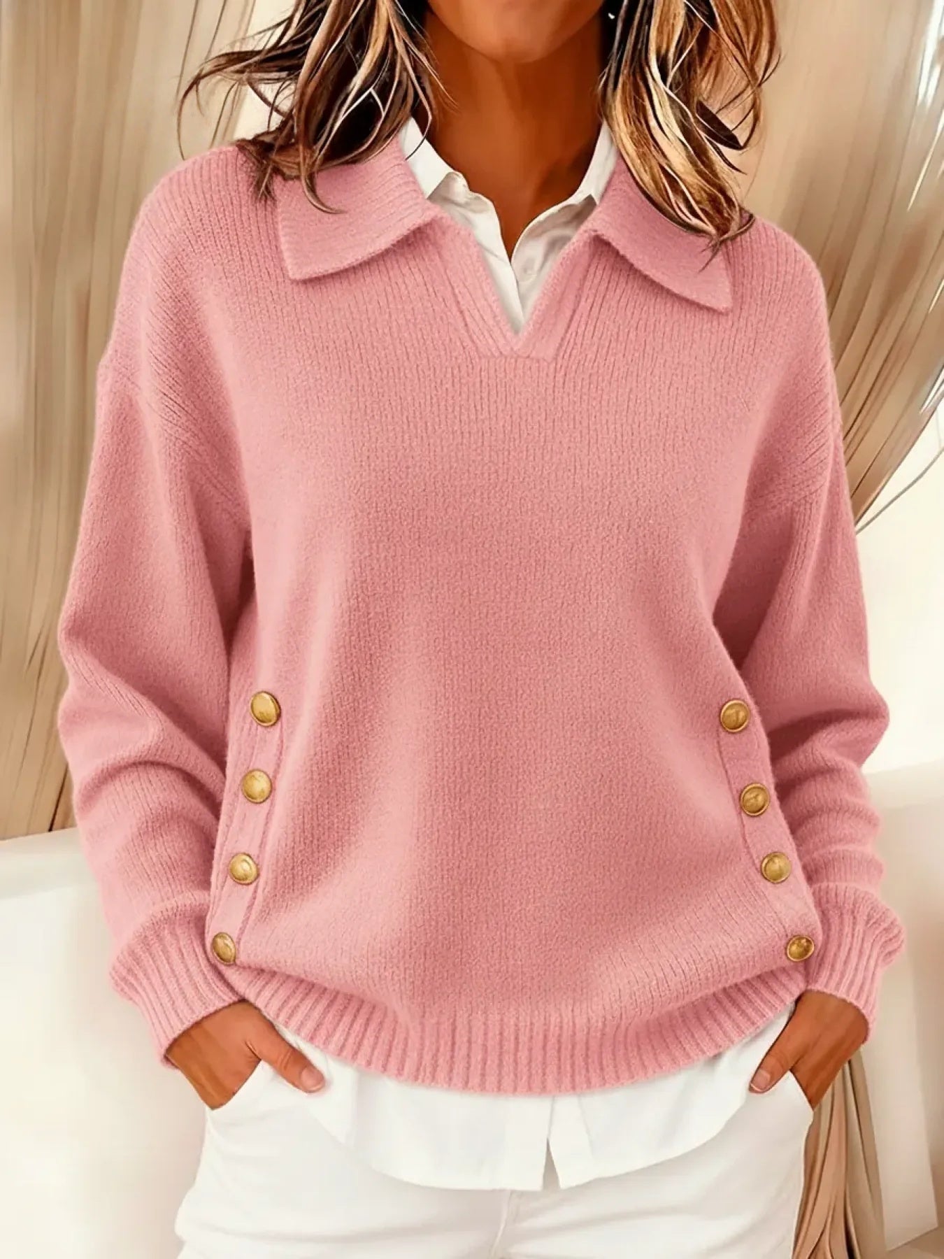 Trui met Polokraag en Gouden Knopen - Roze
