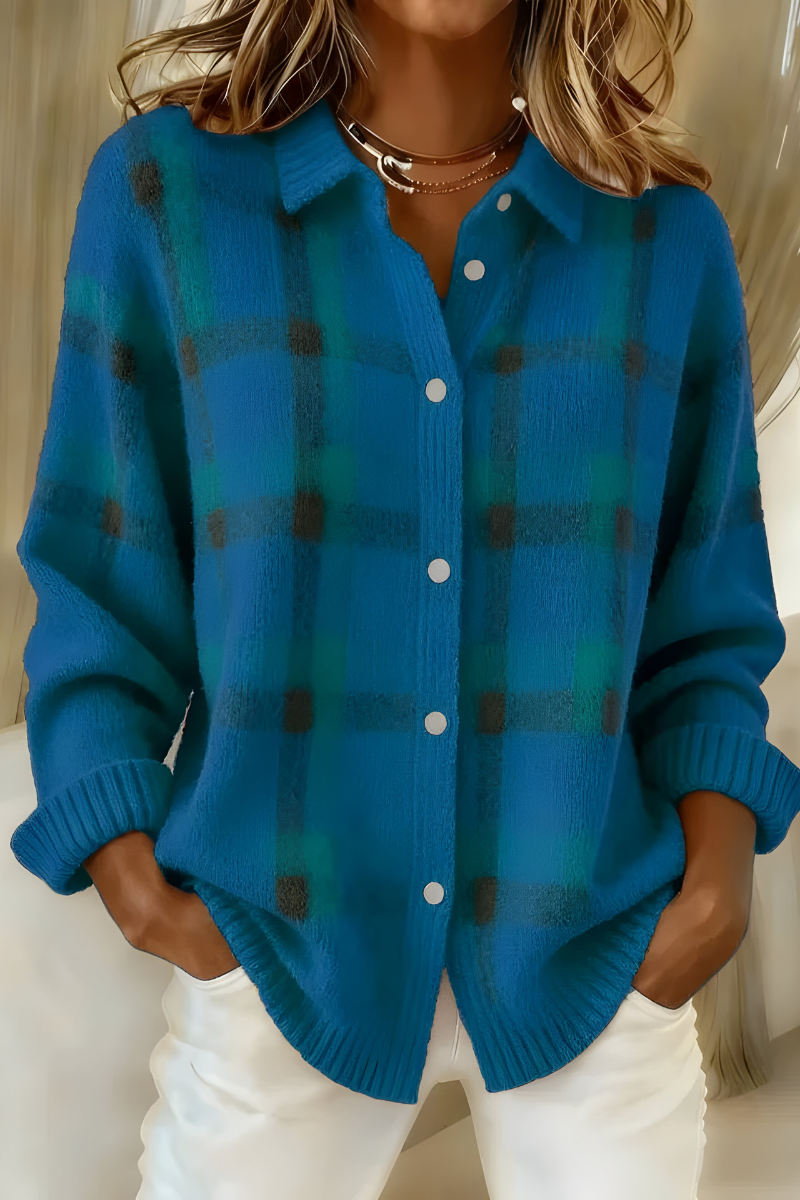 Gebreid Vest met Ruitprint - Blauw