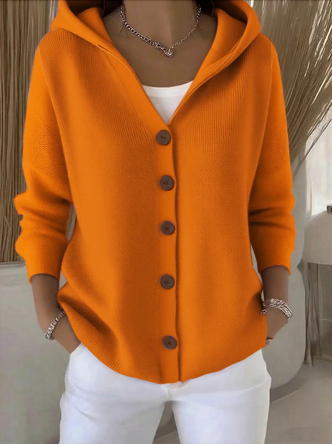 Gebreid Vest met Capuchon - Oranje