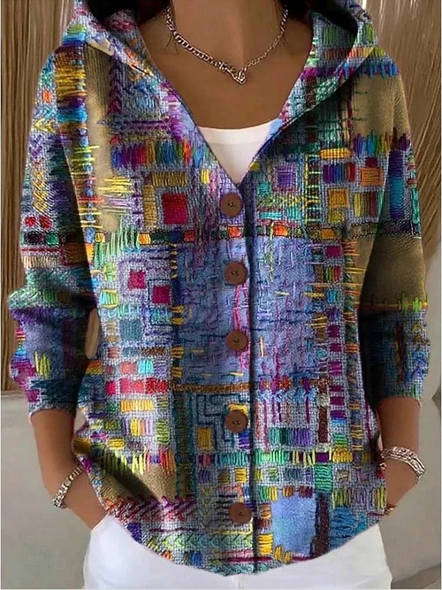 Gebreid Vest met Print en Capuchon - Paars