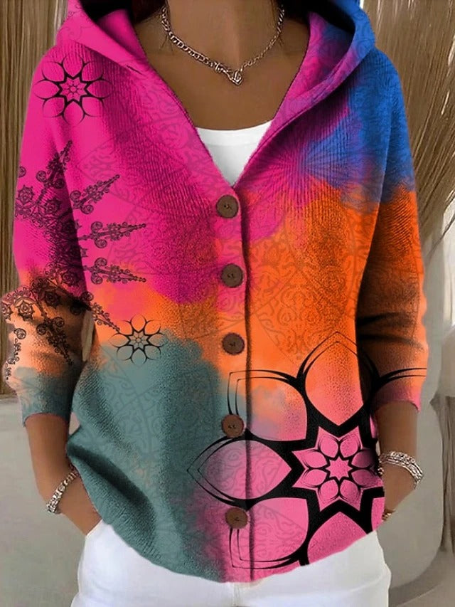 Gebreid Vest met Print en Capuchon - Fuchsia