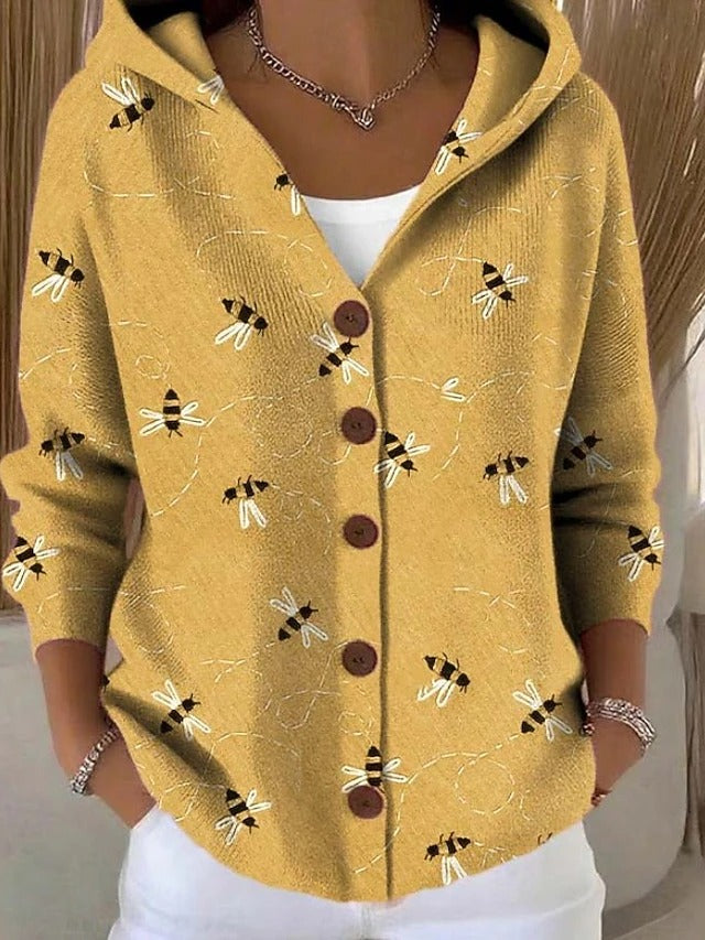 Gebreid Vest met Print en Capuchon - Geel