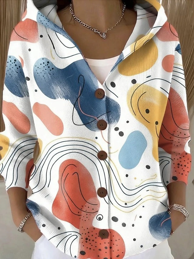 Gebreid Vest met Print en Capuchon - Beige