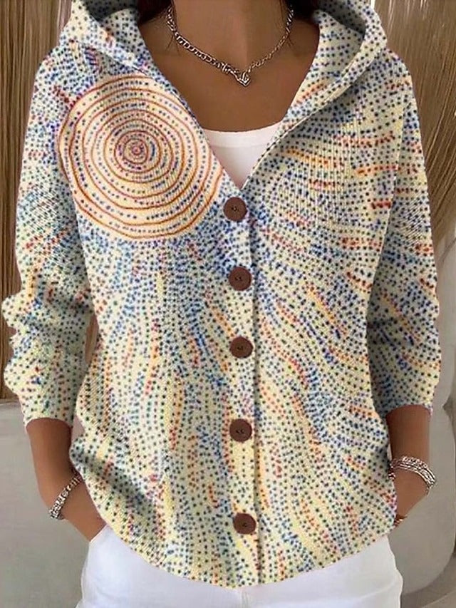 Gebreid Vest met Print en Capuchon - Lichtgeel