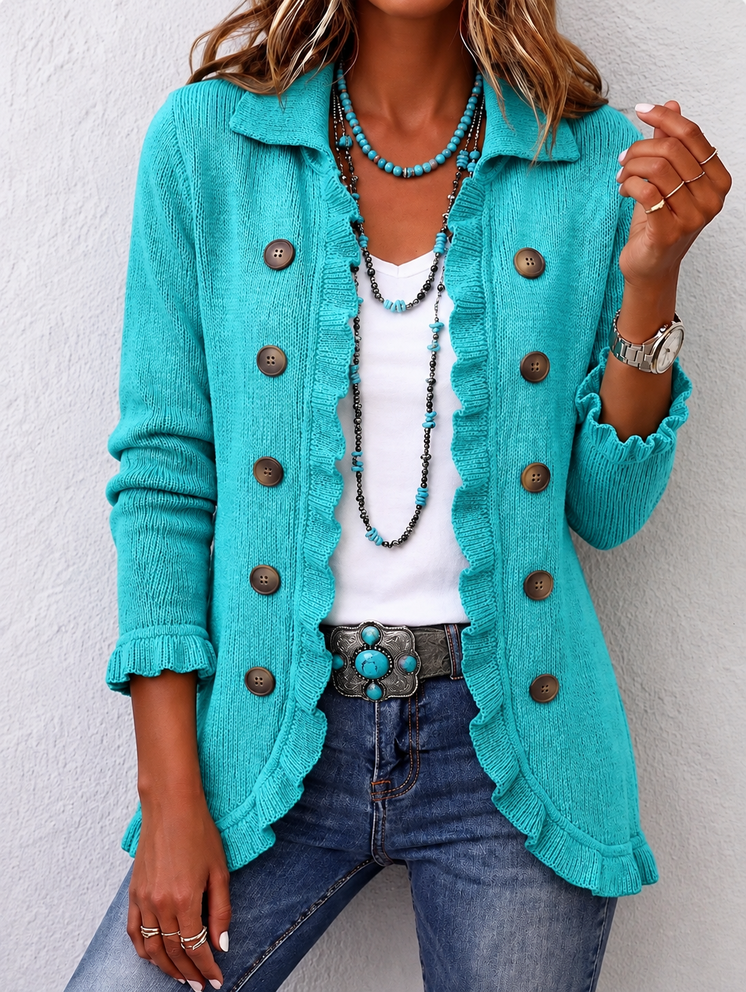 Gebreid Jasje in Turquoise met Volants