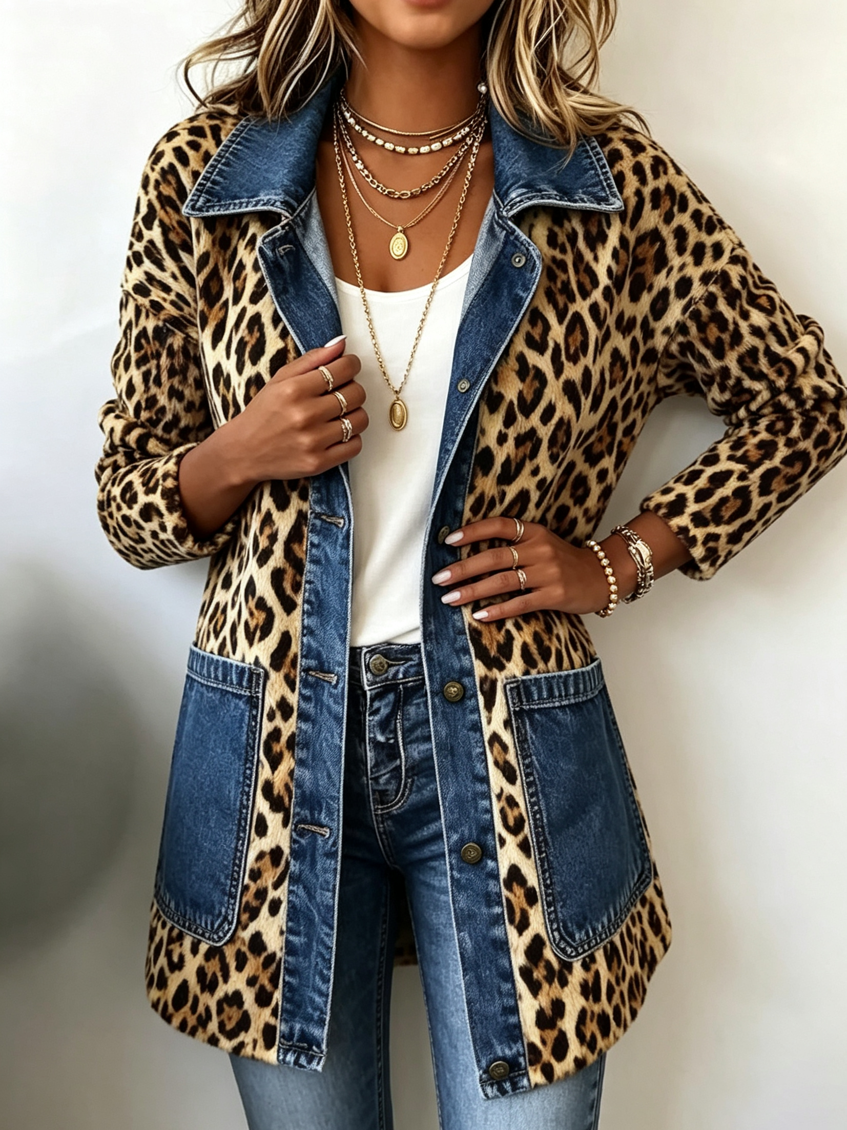 Lange Luipaardprint Jas met Denim Details