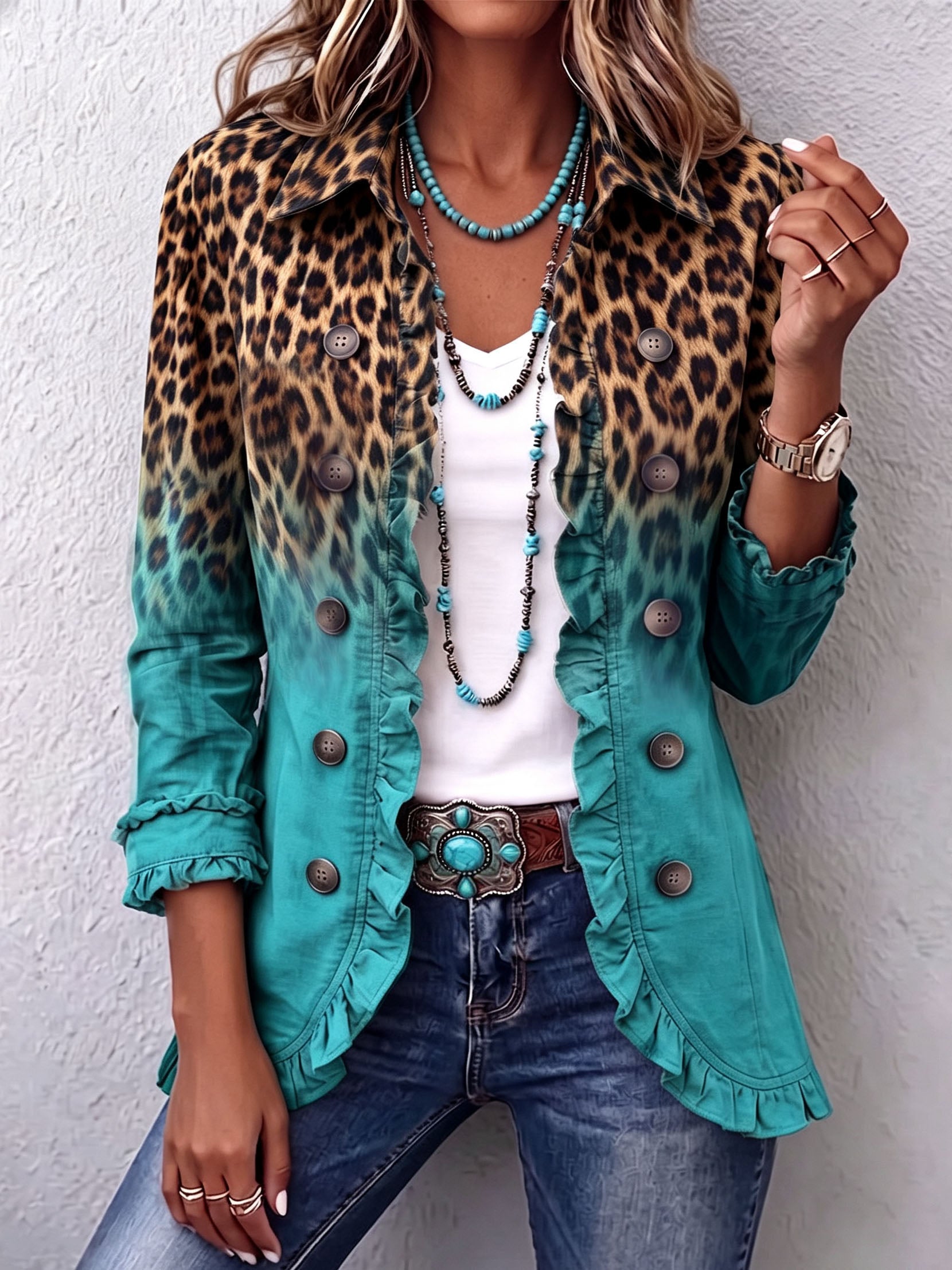 Luipaardprint Blazer met Volants - Turquoise