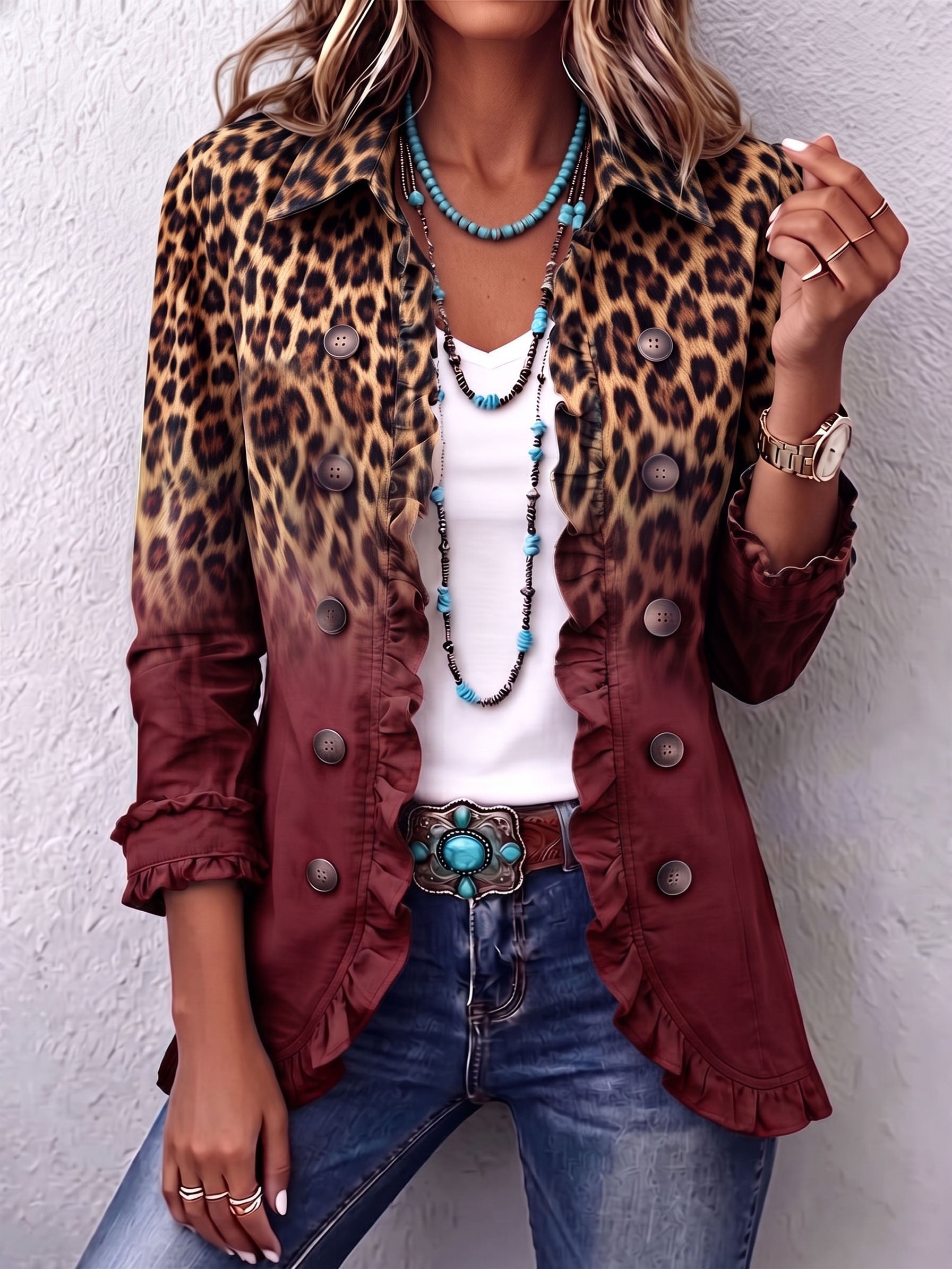 Luipaardprint Blazer met Volants - Wijnrood
