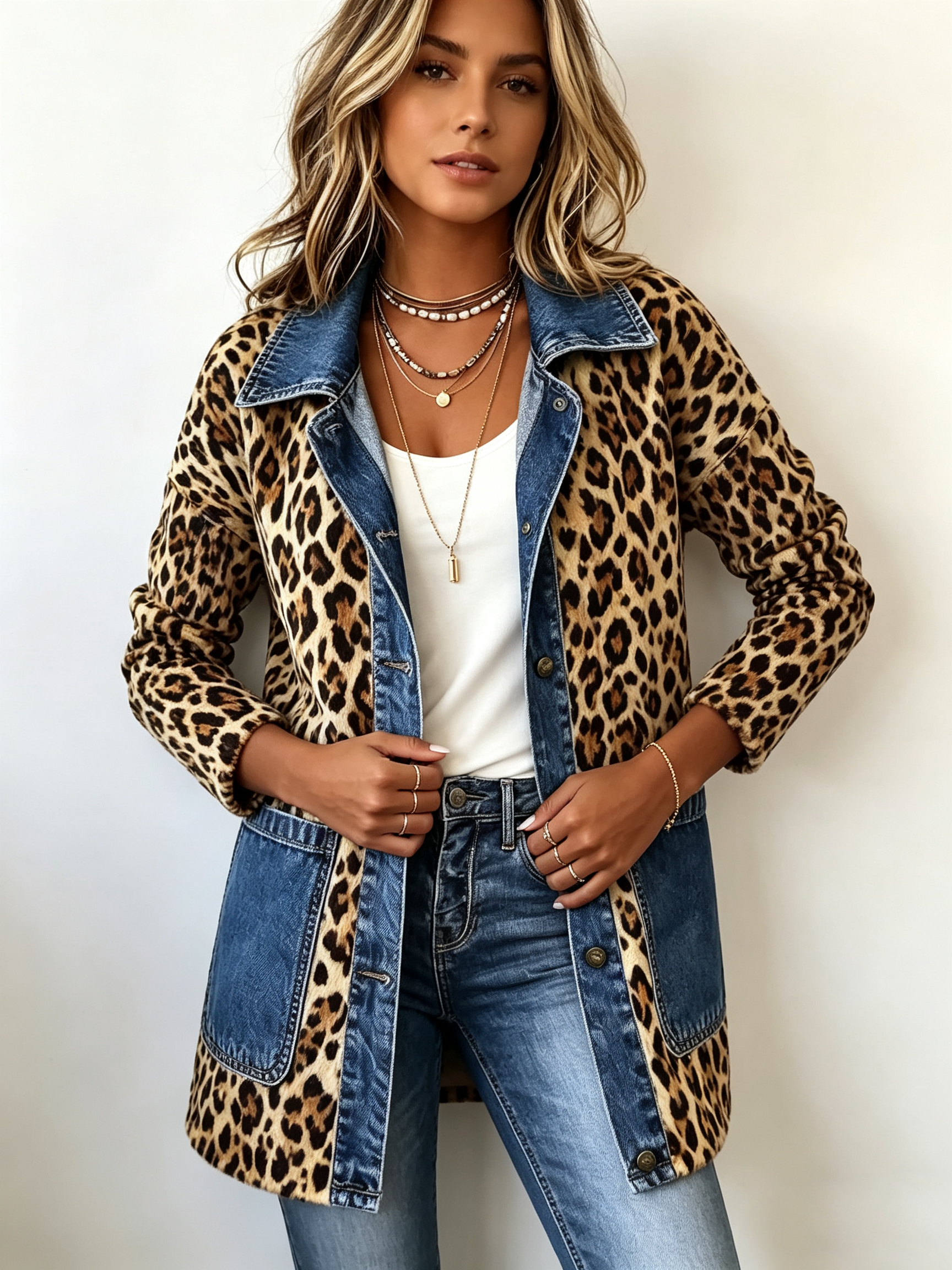 Lange Luipaardprint Jas met Denim Details