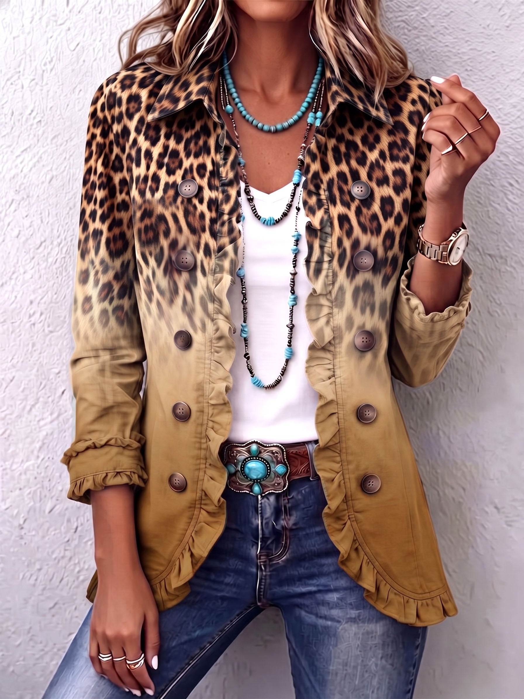 Luipaardprint Blazer in Oker