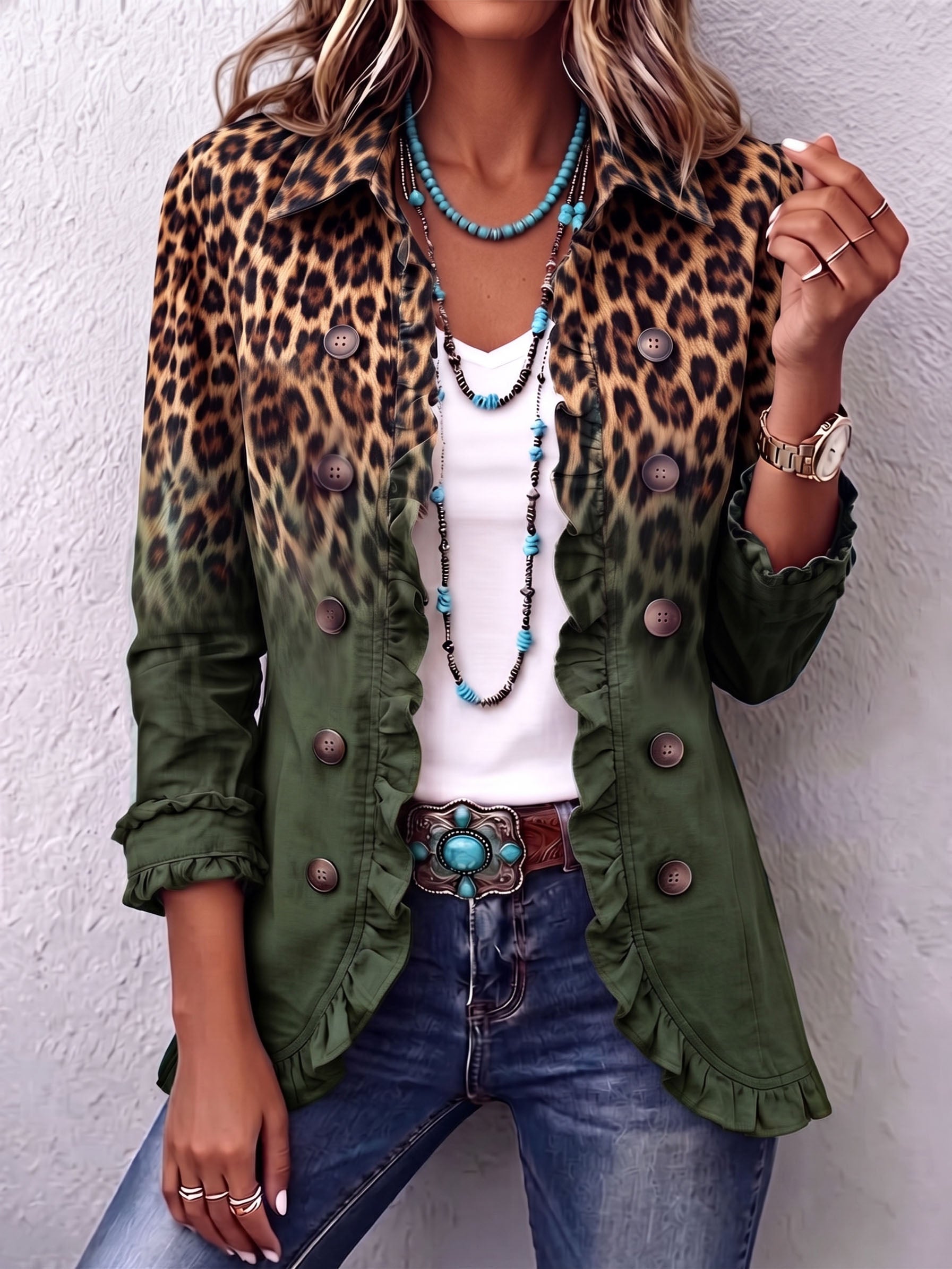 Luipaardprint Blazer met Volants - Groen